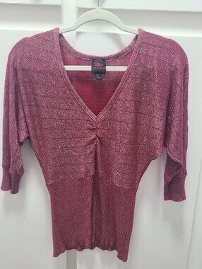 Vintage 2b Bebe Pink Metallic Knit Ruched V Neck Dolman Sleeve Sweater Top-S Y2K
